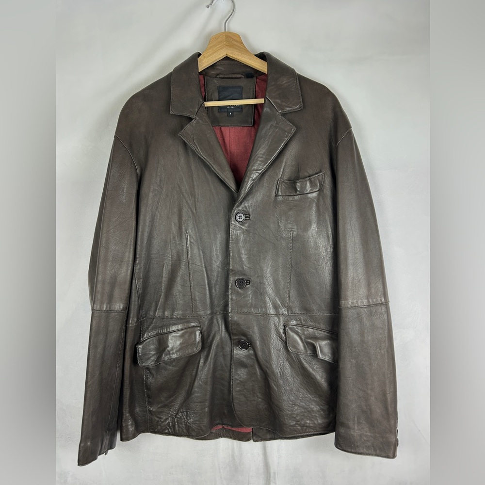 TED BAKER London‎ Leather Jacket Men's Size 5 (XL) Chocolate Brown Button Front